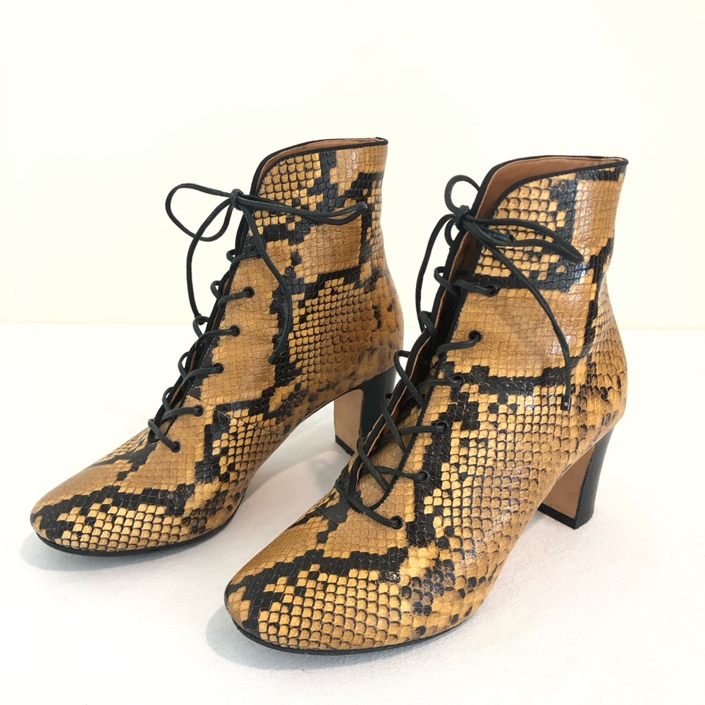 Tory Burch Ankle Boots Victorian Lace Up Vienna Booties Yellow Black Snake 7